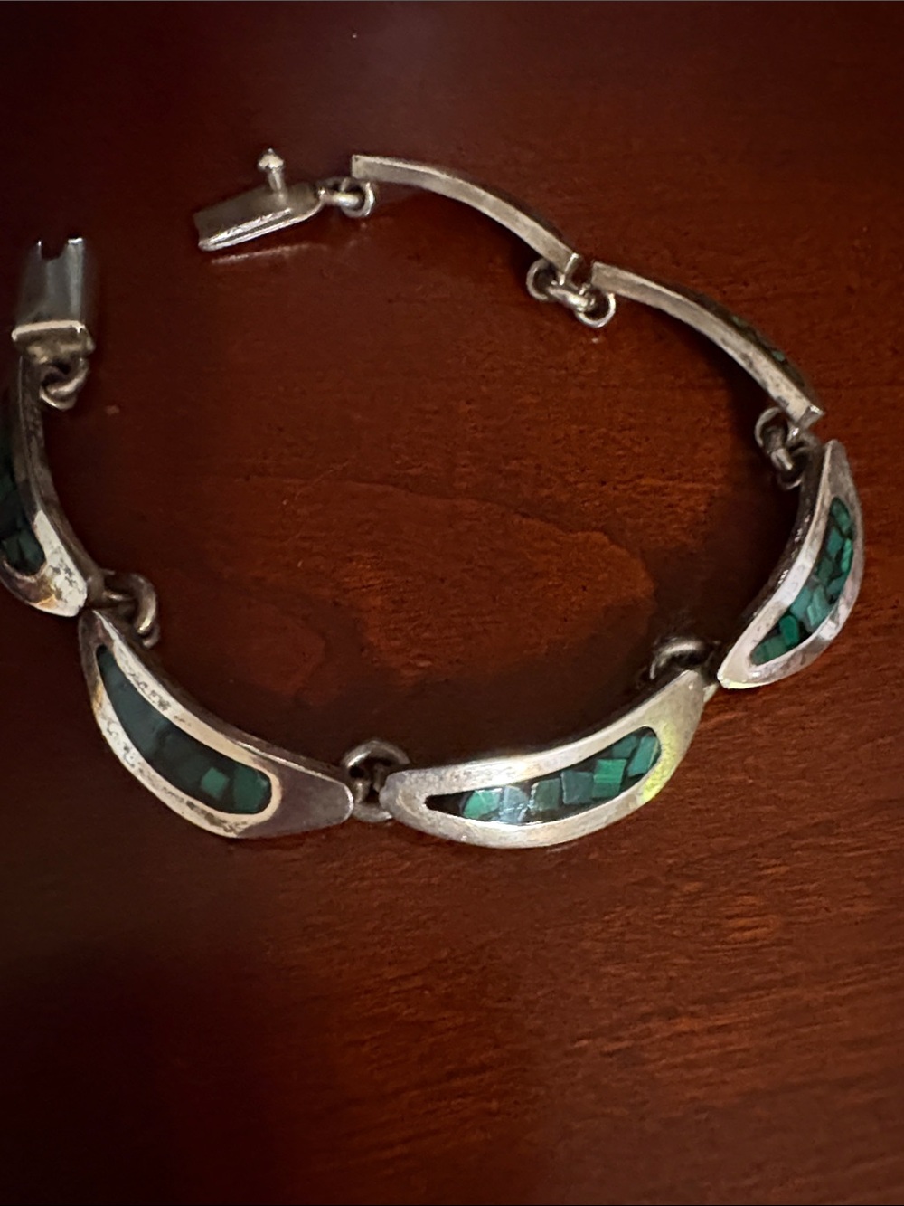 .925 Sterling Silver Inlay Bracelet with Green Turquoise Accents. 7.5”